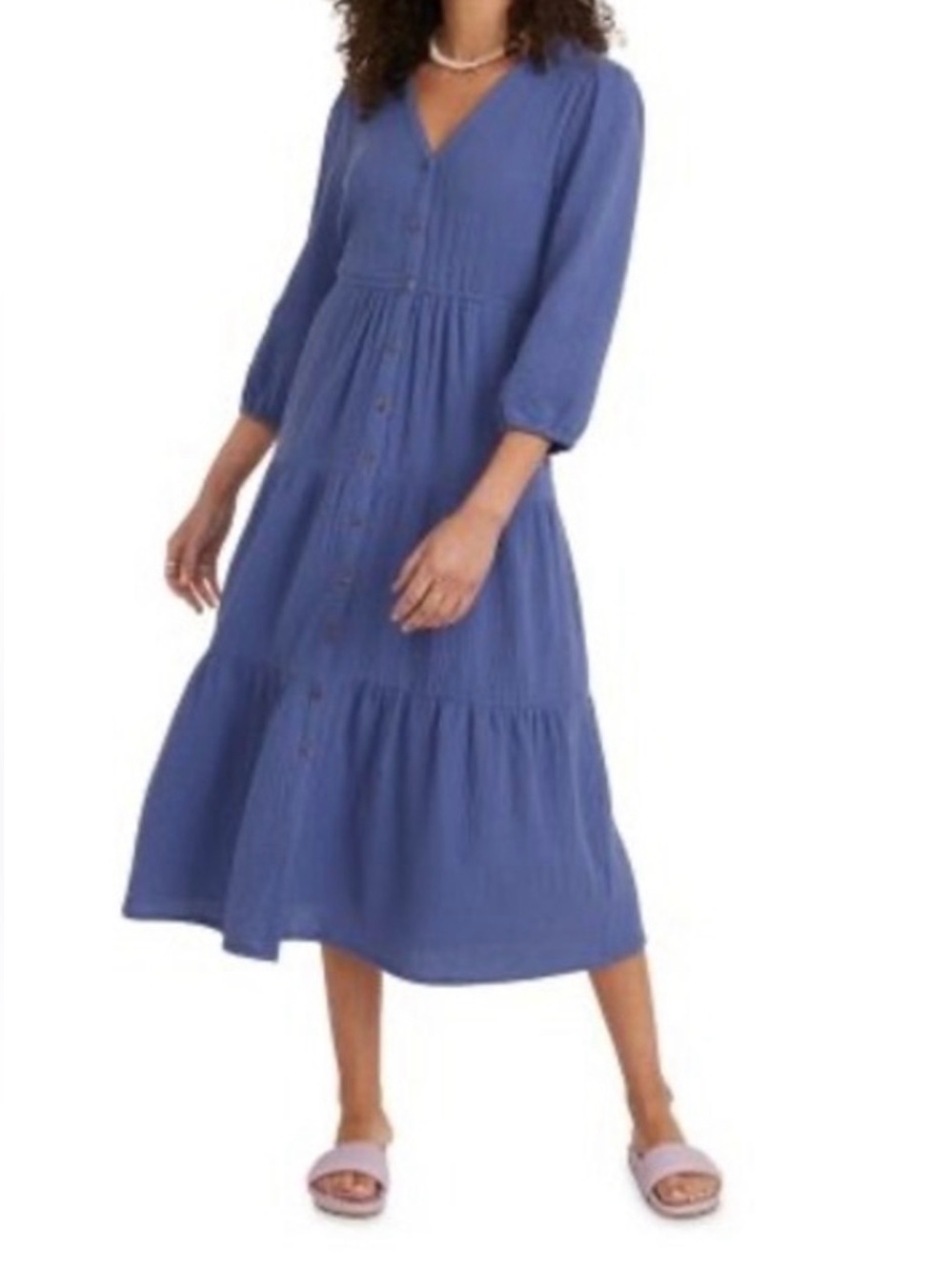 MARINE LAYER Willow Doublecloth V-Neck Blue Button-Front Tiered Midi Dress Sz M
